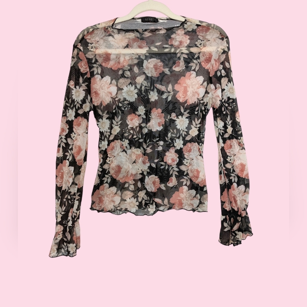 Mesh Black Floral Long Frilly Sleeve Top 🌸 Women Size Medium